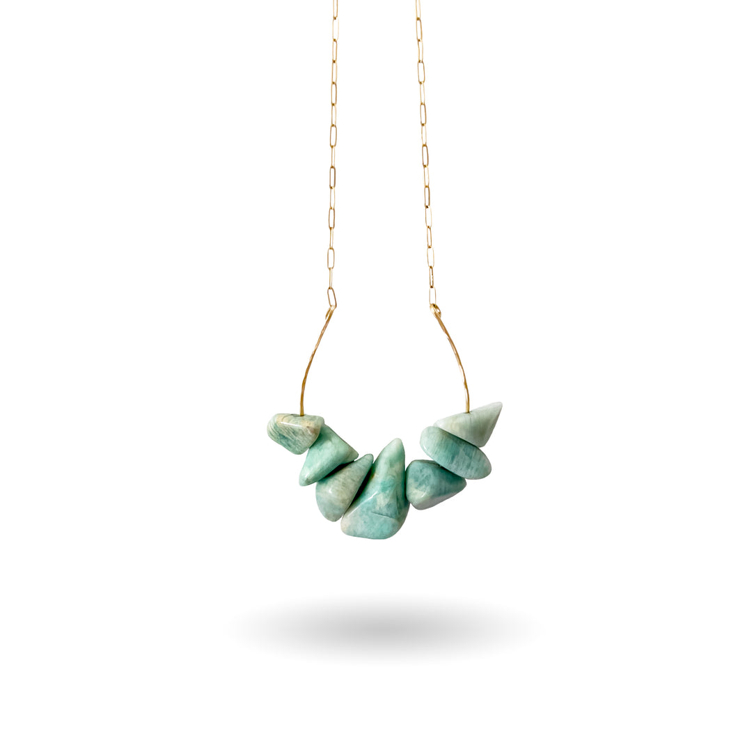 Oblong Amazonite Cluster Gold Pendant Paperclip Chain Necklace