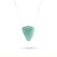 Load image into Gallery viewer, This natural Amazonite gemstone has been polished but kept in its natural &quot;inverted-triangle&quot; shape rather than being cut and manipulate. It is strung along a dainty sterling silver paper clip chain, and finished with an antique-inspired pearl box clasp. A casual necklace piece, it can be worn on its own or layered along with other necklaces as part of a stack.
