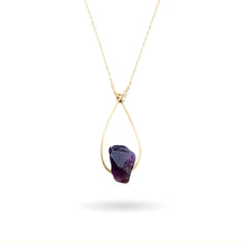 Load image into Gallery viewer, A deep violet-colored natural rough Amethyst gemstone set on a 14K gold-fill pendant and strung along a dainty paper clip cable chain, then finished with a vintage-inspired pearl box clasp. Amethyst is the birthstone for those born in the month of February (Aquarius/Pisces) and the stone for commemorating 6th wedding anniversaries! 
