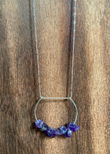 Load image into Gallery viewer, This beautiful cluster of natural rough Amethyst stones are set on a sterling silver half-circle, hung from a dainty sterling silver satellite curb chain, and finished with a vintage-inspired pearl box clasp.
