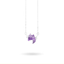 Load image into Gallery viewer, Natural rough Amethyst gemstones are suspended between two abstract sterling silver butterfly wings, attached to a dainty sterling silver satellite curb chain, and finished with a vintage-inspired pearl box clasp. 
