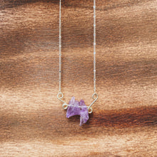 Load image into Gallery viewer, Natural rough Amethyst gemstones are suspended between two abstract sterling silver butterfly wings, attached to a dainty sterling silver satellite curb chain, and finished with a vintage-inspired pearl box clasp. 
