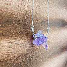 Load image into Gallery viewer, Natural rough Amethyst gemstones are suspended between two abstract sterling silver butterfly wings, attached to a dainty sterling silver satellite curb chain, and finished with a vintage-inspired pearl box clasp. 
