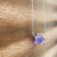 Load image into Gallery viewer, Natural rough Amethyst gemstones are suspended between two abstract sterling silver butterfly wings, attached to a dainty sterling silver satellite curb chain, and finished with a vintage-inspired pearl box clasp. 
