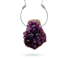 Load image into Gallery viewer, This natural rough Amethyst geode from the mines of Hiddenite, NC is set on a solid sterling silver semi-circle pendant attached to a long ornate sterling silver art-deco style chain and finished with a vintage-inspired pearl box clasp. 
