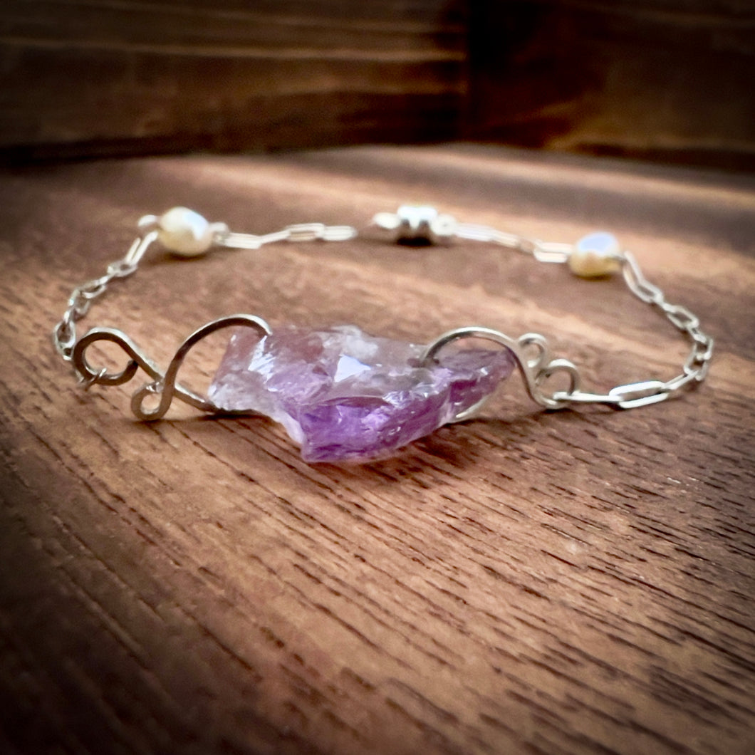 Amethyst + Freshwater Pearl + Sterling Silver Magnetic Bracelet