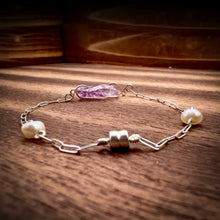 Load image into Gallery viewer, Amethyst + Freshwater Pearl + Sterling Silver Magnetic Bracelet
