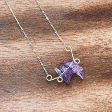 Load image into Gallery viewer, Natural rough Amethyst gemstones are suspended between two abstract sterling silver butterfly wings, attached to a dainty sterling silver satellite curb chain, and finished with a vintage-inspired pearl box clasp. 
