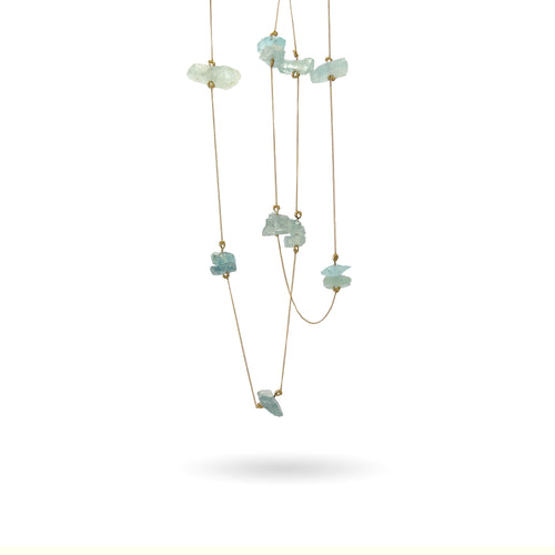 13 natural rough Aquamarine gemstones are strung along a dainty 14K gold-filled curb chain and finished with a unique vintage-inspired pearl box clasp. The perfect palette of aqua blue and gold. Aquamarine is the birthstone for those born in the month of March (Pisces/Aries) and the stone for commemorating 18th and 19th wedding anniversaries! 