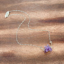 Load image into Gallery viewer, Natural rough Amethyst gemstones are suspended between two abstract sterling silver butterfly wings, attached to a dainty sterling silver satellite curb chain, and finished with a vintage-inspired pearl box clasp. 
