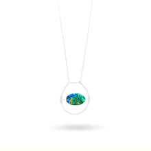 Load image into Gallery viewer, This stunning natural, mined Azurite-Malachite-Chrysocolla Pendant is 9.25 carats and has been polished into an oval cabochon and suspended upon sterling silver wire amid a sterling silver horseshoe shaped ring pendant, which hangs upon a smooth, dainty sterling silver curb chain.
