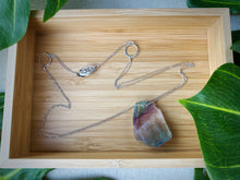 Cargar imagen en el visor de la galería, A sizable slab of natural Fluorite has been polished on the front and back surfaces and strung along two dainty sterling silver cable chains, adorned with hammered sterling silver circles, and finished with a vintage-inspired pearl box clasp.
