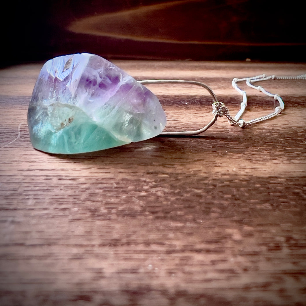 Rainbow Fluorite Chunk Sterling Silver Necklace