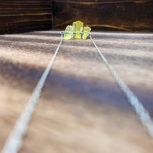 Load image into Gallery viewer, Three beautiful rough bright yellow Lemon Quartz gemstones, also known as Oro Verde Quartz are set upon a hammered sterling silver bar and strung along a delicate sterling silver paper clip curb chain, then finished with a vintage-inspired sterling silver pearl box clasp.
