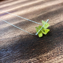 Load image into Gallery viewer, Three beautiful rough bright yellow Lemon Quartz gemstones, also known as Oro Verde Quartz are set upon a hammered sterling silver bar and strung along a delicate sterling silver paper clip curb chain, then finished with a vintage-inspired sterling silver pearl box clasp.
