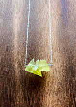 Load image into Gallery viewer, Three beautiful rough bright yellow Lemon Quartz gemstones, also known as Oro Verde Quartz are set upon a hammered sterling silver bar and strung along a delicate sterling silver paper clip curb chain, then finished with a vintage-inspired sterling silver pearl box clasp.
