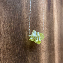 Load image into Gallery viewer, Three beautiful rough bright yellow Lemon Quartz gemstones, also known as Oro Verde Quartz are set upon a hammered sterling silver bar and strung along a delicate sterling silver paper clip curb chain, then finished with a vintage-inspired sterling silver pearl box clasp.
