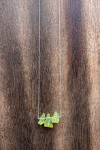 Load image into Gallery viewer, Three beautiful rough bright yellow Lemon Quartz gemstones, also known as Oro Verde Quartz are set upon a hammered sterling silver bar and strung along a delicate sterling silver paper clip curb chain, then finished with a vintage-inspired sterling silver pearl box clasp.
