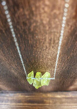 Cargar imagen en el visor de la galería, Three beautiful rough bright yellow Lemon Quartz gemstones, also known as Oro Verde Quartz are set upon a hammered sterling silver bar and strung along a delicate sterling silver paper clip curb chain, then finished with a vintage-inspired sterling silver pearl box clasp.
