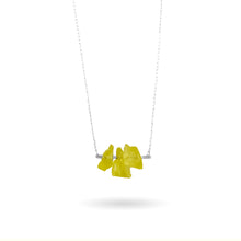 Load image into Gallery viewer, Three beautiful rough bright yellow Lemon Quartz gemstones, also known as Oro Verde Quartz are set upon a hammered sterling silver bar and strung along a delicate sterling silver paper clip curb chain, then finished with a vintage-inspired sterling silver pearl box clasp.
