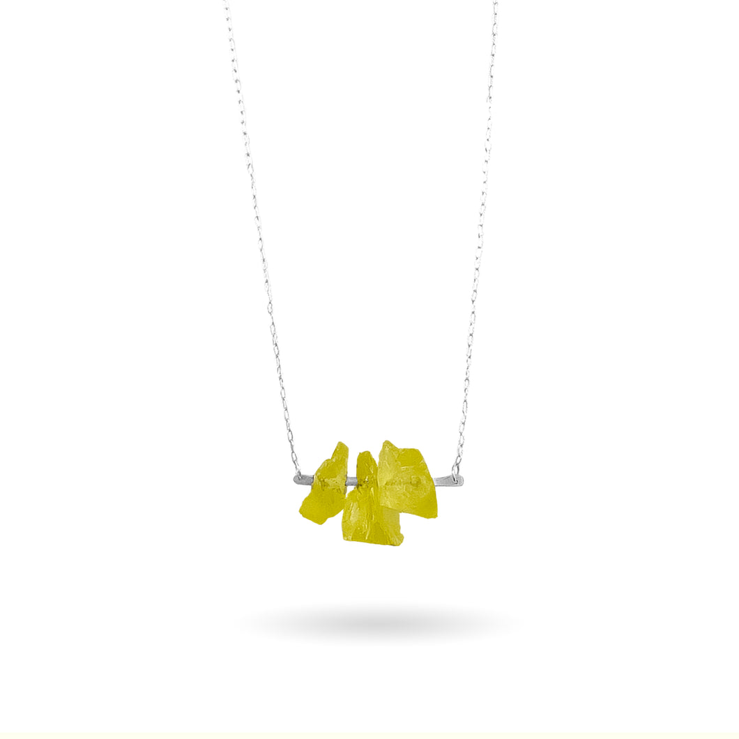 Three beautiful rough bright yellow Lemon Quartz gemstones, also known as Oro Verde Quartz are set upon a hammered sterling silver bar and strung along a delicate sterling silver paper clip curb chain, then finished with a vintage-inspired sterling silver pearl box clasp.