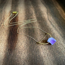 Load image into Gallery viewer, A pastel purple crystal point of Fluorite hangs from a hammered 14K gold-fill half-circle pendant and is strung along a dainty 14K gold-fill curb chain, then finished with a vintage-inspired pearl box clasp. 
