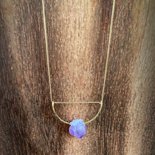 Load image into Gallery viewer, A pastel purple crystal point of Fluorite hangs from a hammered 14K gold-fill half-circle pendant and is strung along a dainty 14K gold-fill curb chain, then finished with a vintage-inspired pearl box clasp. 
