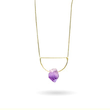 Load image into Gallery viewer, A pastel purple crystal point of Fluorite hangs from a hammered 14K gold-fill half-circle pendant and is strung along a dainty 14K gold-fill curb chain, then finished with a vintage-inspired pearl box clasp. 
