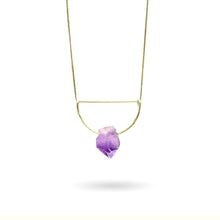 Load image into Gallery viewer, A pastel purple crystal point of Fluorite hangs from a hammered 14K gold-fill half-circle pendant and is strung along a dainty 14K gold-fill curb chain, then finished with a vintage-inspired pearl box clasp. 
