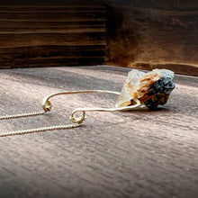 Load image into Gallery viewer, Rough Rutilated Quartz Gold Hammered Horseshoe Pendant Necklace
