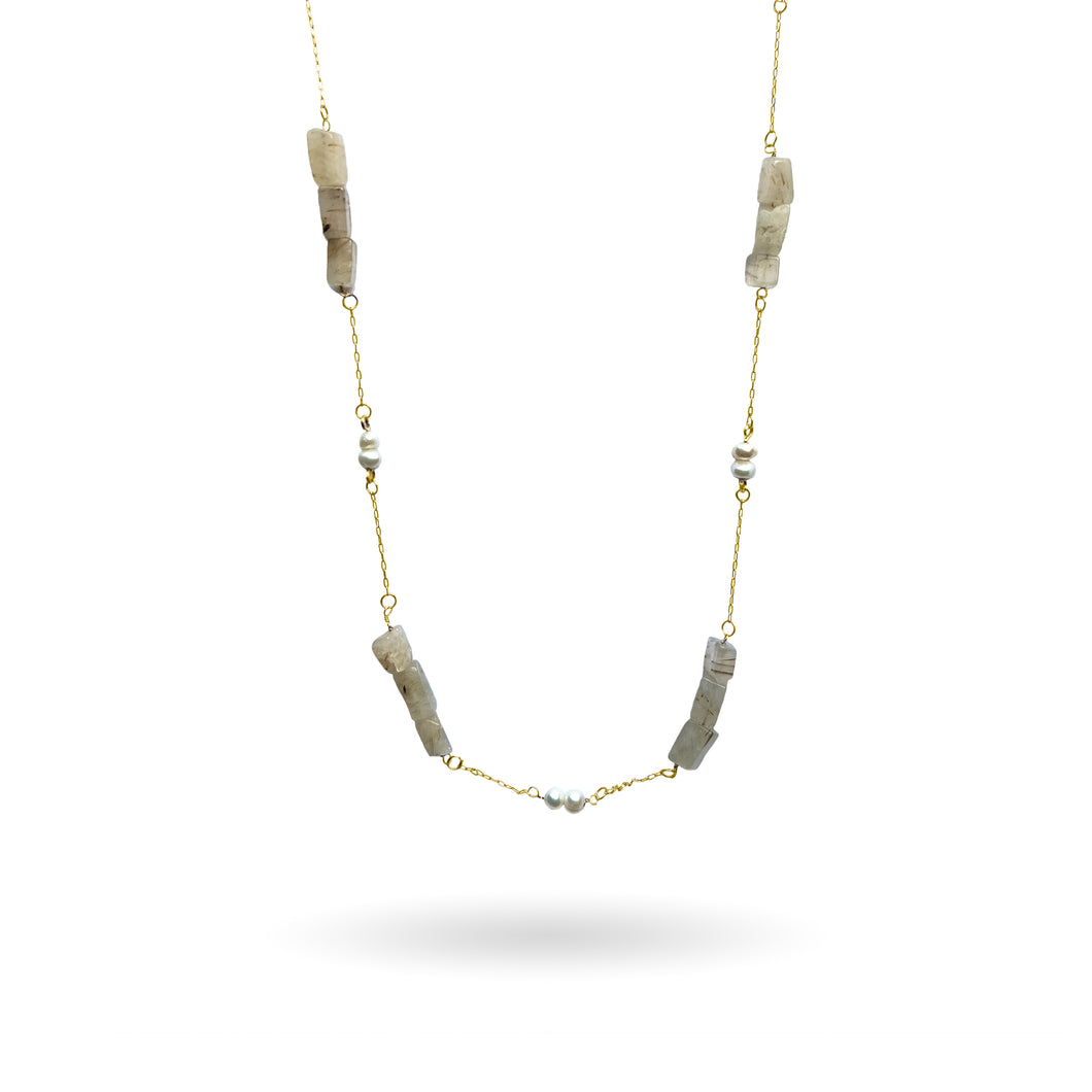 Rutilated Quartz + Freshwater Pearl Gold Station Necklace