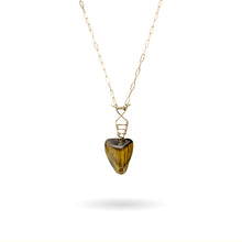 Load image into Gallery viewer, This silky, lustrous Tiger’s Eye gemstone is in the shape of a smooth, tactile inverted pyramid and held in place with a structure, twisting 14K gold-fill wire pendant and attached to a 14K gold-fill paper clip style cable chain with decorative gold open circles, finished with a vintage-inspired pearl box clasp. 
